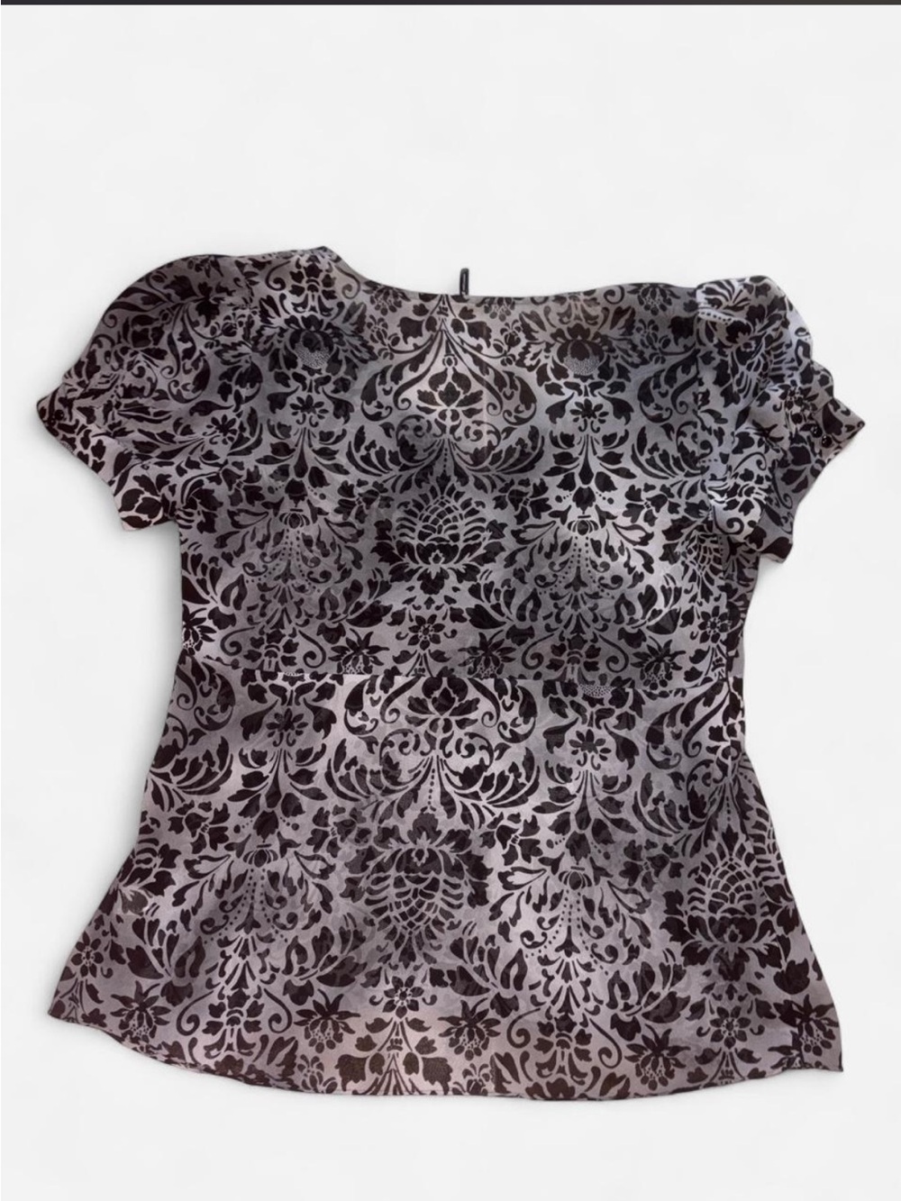 Y2K 2000s Daisy Fuentes Black and Grey Paisley Whimsygoth Sheer Babydoll Top - Picture 2 of 6